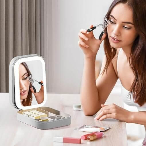 LED Mirror Jewelry Box White — Leather-Look Finish, Adjustable Inserts, Keeps Necklaces, Rings, Earrings Organized