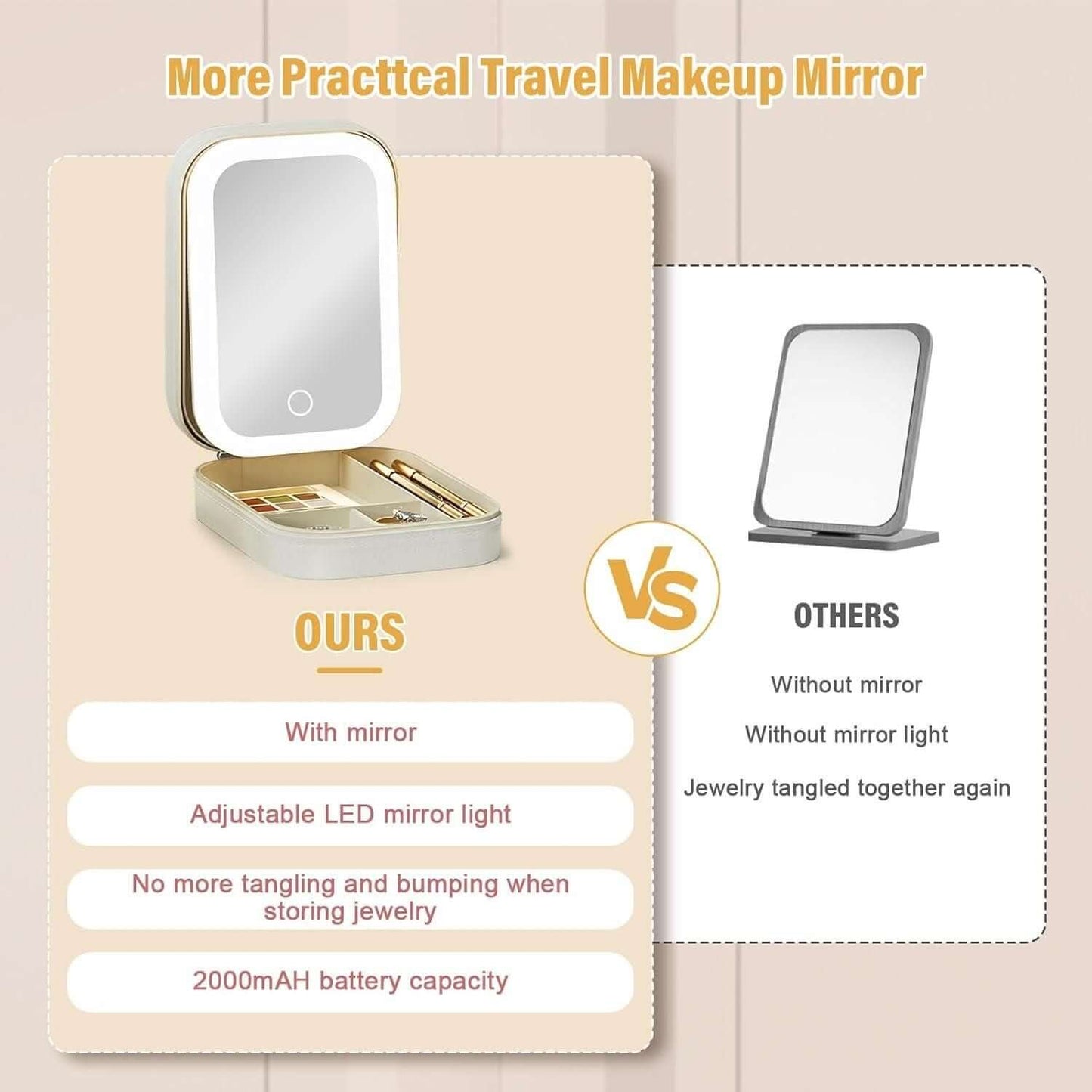 LED Mirror Jewelry Box White — Leather-Look Finish, Adjustable Inserts, Keeps Necklaces, Rings, Earrings Organized