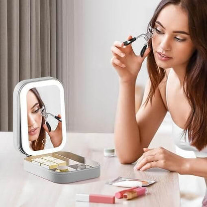 LED Mirror Jewelry Box White — Leather-Look Finish, Adjustable Inserts, Keeps Necklaces, Rings, Earrings Organized
