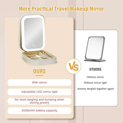 LED Mirror Jewelry Box White — Leather-Look Finish, Adjustable Inserts, Keeps Necklaces, Rings, Earrings Organized